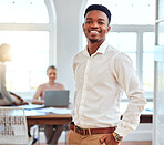 Black, businessman and portrait of leader in a meeting with a smile for success and proud leadership at the office. Happy and confident African American male manager smiling for team conference