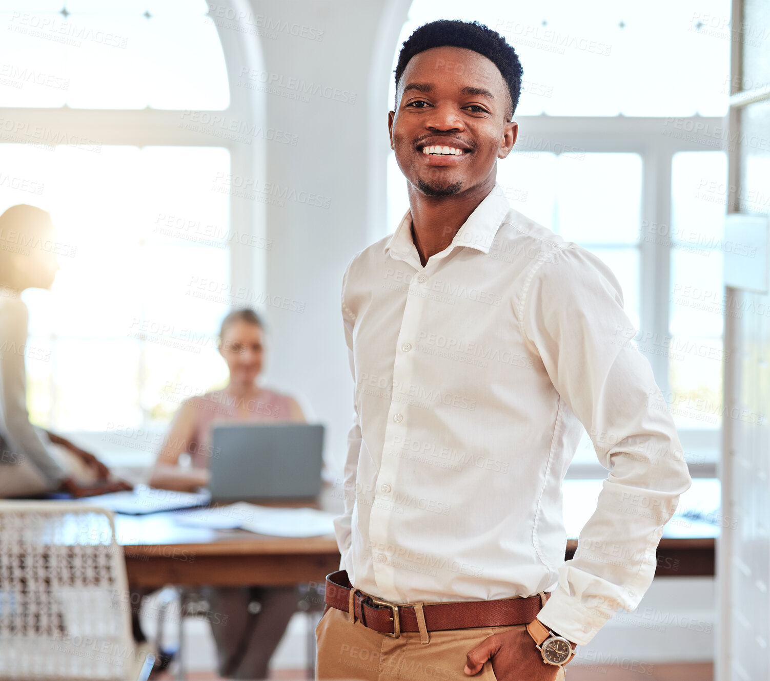 Buy stock photo Black man, business and portrait of leader in a meeting with a smile for success and proud leadership at the office. Happy and confident African American male manager smiling for team conference