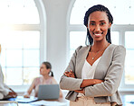 Black woman, entrepreneur and stand in office happy, proud or confident in business, project and with cross arms. Portrait, African American female or smile leader empowerment in successful workspace