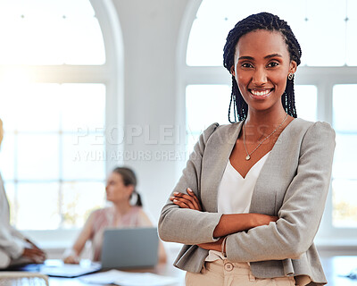 Buy stock photo Black woman, entrepreneur and leader stand in office happy, proud or confident in business, project and with cross arms. Portrait, African American female or smile empowerment in successful workspace