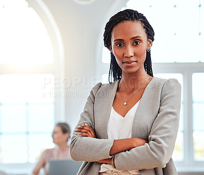 Buy stock photo Portrait, African American woman and leader stand in office confident, relax and happy for successful business. Proud, female entrepreneur and black lady crossed arms, motivation and startup company