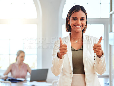 Buy stock photo Thumbs up, businesswoman portrait and manager success, support and trust in modern office. Happy female leader celebrate win, motivation and thank you feedback for goal, like emoji and yes sign hands