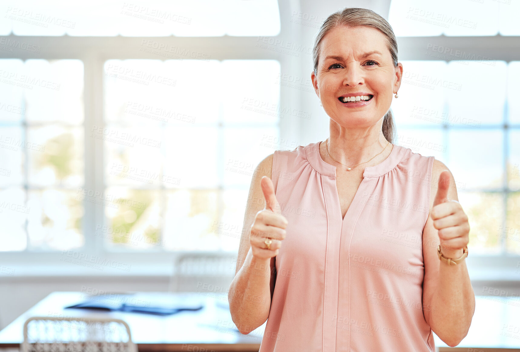 Buy stock photo Thumbs up, success and business woman boss portrait smile for startup goal, trust and thank your in office with lens flare. Corporate ceo manager, like hands icon for career achievement or retirement