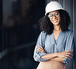 Leadership, architecture and arms crossed with business woman with hard hat working in engineering, designer and construction company. Management, innovation and vision with employee with goals