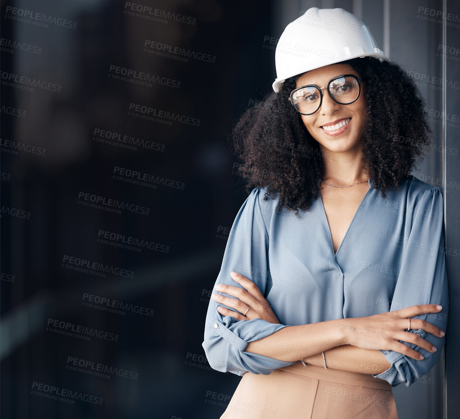 Buy stock photo Leadership, architecture and arms crossed with business woman with hard hat working in engineering, designer and construction company. Management, innovation and vision with employee with goals