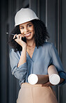 Engineer, black woman and walkie talkie with documents tube for engineering or architecture industry blueprints. Portrait, female smile and happy technician from Brazil with radio for communication

