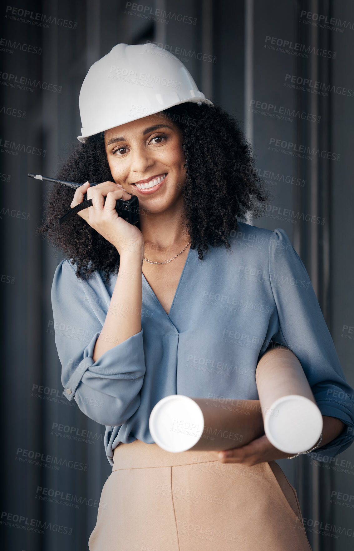 Buy stock photo Engineer, black woman and walkie talkie with documents tube for engineering or architecture industry blueprints. Portrait, female smile and happy technician from Brazil with radio for communication

