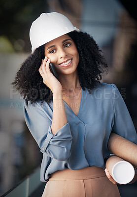 Buy stock photo Architect, phone call and black woman talking on smartphone, holding blueprint with smile outside construction, architecture and engineering industry. Happy african female worker talking to contact
