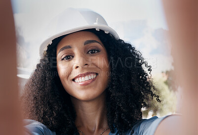 Buy stock photo Architecture, engineering and black woman selfie portrait construction site, industrial building manager and property development. Happy face pov, smile and female contractor leader in safety helmet