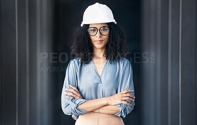 Buy stock photo Architecture, engineering and black woman leader portrait at construction site, industrial building or property development. Pride, vision and motivation of female contractor manager in safety helmet