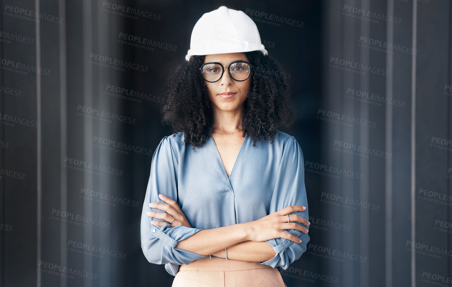 Buy stock photo Architecture, engineering and black woman leader portrait at construction site, industrial building or property development. Pride, vision and motivation of female contractor manager in safety helmet