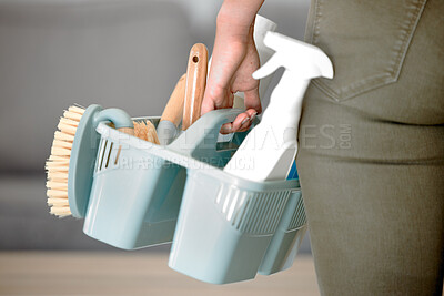 Buy stock photo Cleaning tools, clean service and brush with hands holding basket with sponge and hygiene products. Mockup for ecofriendly detergent, domestic chores and cleaning service for janitor or maid working