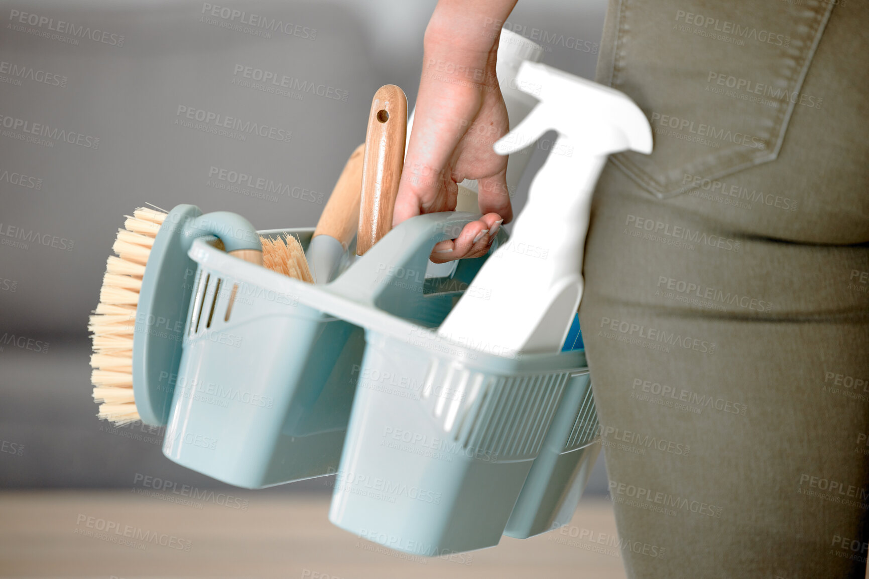 Buy stock photo Cleaning tools, clean service and brush with hands holding basket with sponge and hygiene products. Mockup for ecofriendly detergent, domestic chores and cleaning service for janitor or maid working