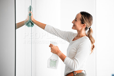 Buy stock photo Cleaning, window and happy woman or cleaner washing the mirror doing chores in house. Fresh, hygiene and female with detergent and casual home scrubbing glass with a special spray and rag in a room