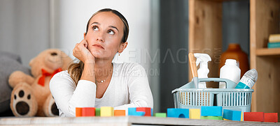 Buy stock photo Thinking cleaner, home cleaning and woman contemplating life, housework or detergent for clean house, apartment or playroom. Domestic, supplies and housekeeping service girl think about hygiene care