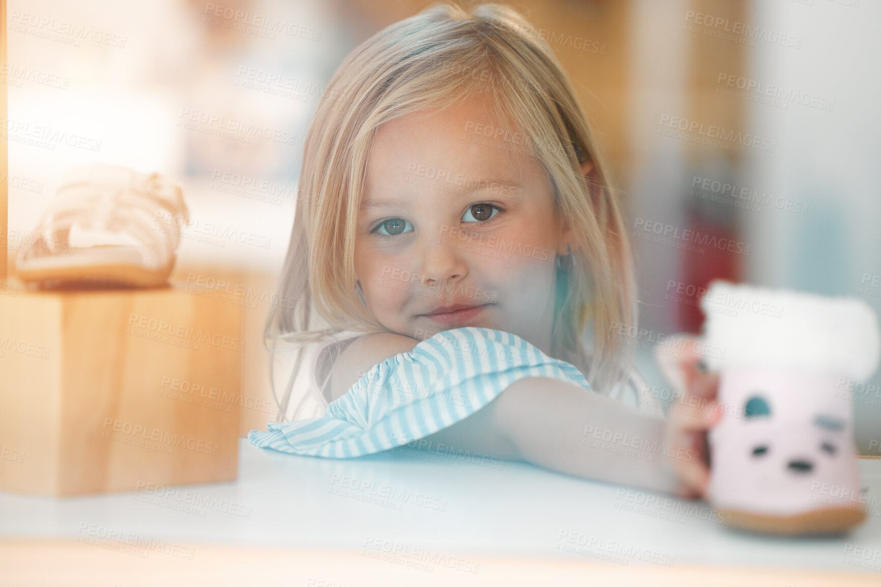 Buy stock photo Girl child, retail shopping for shoes and choosing pink kids winter boots on shelf of childrens fashion shop. Portrait of young customer, toddler at clothes boutique in a mall and buying shoe on sale