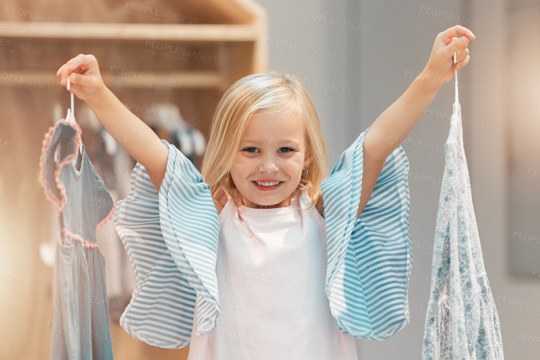 Buy stock photo Girl child, choice or change clothes in fashion brand retail store shopping sale happy for buying decision at mall. Smile, happiness and excited young kid customer choose designer clothing dress shop