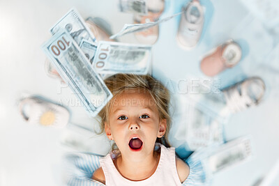 Buy stock photo Child, dollar and shoes above with wow, excited or surprise look on face in mockup for saving, sale or retail shopping. Finance, money and investment for learning, financial and education of girl