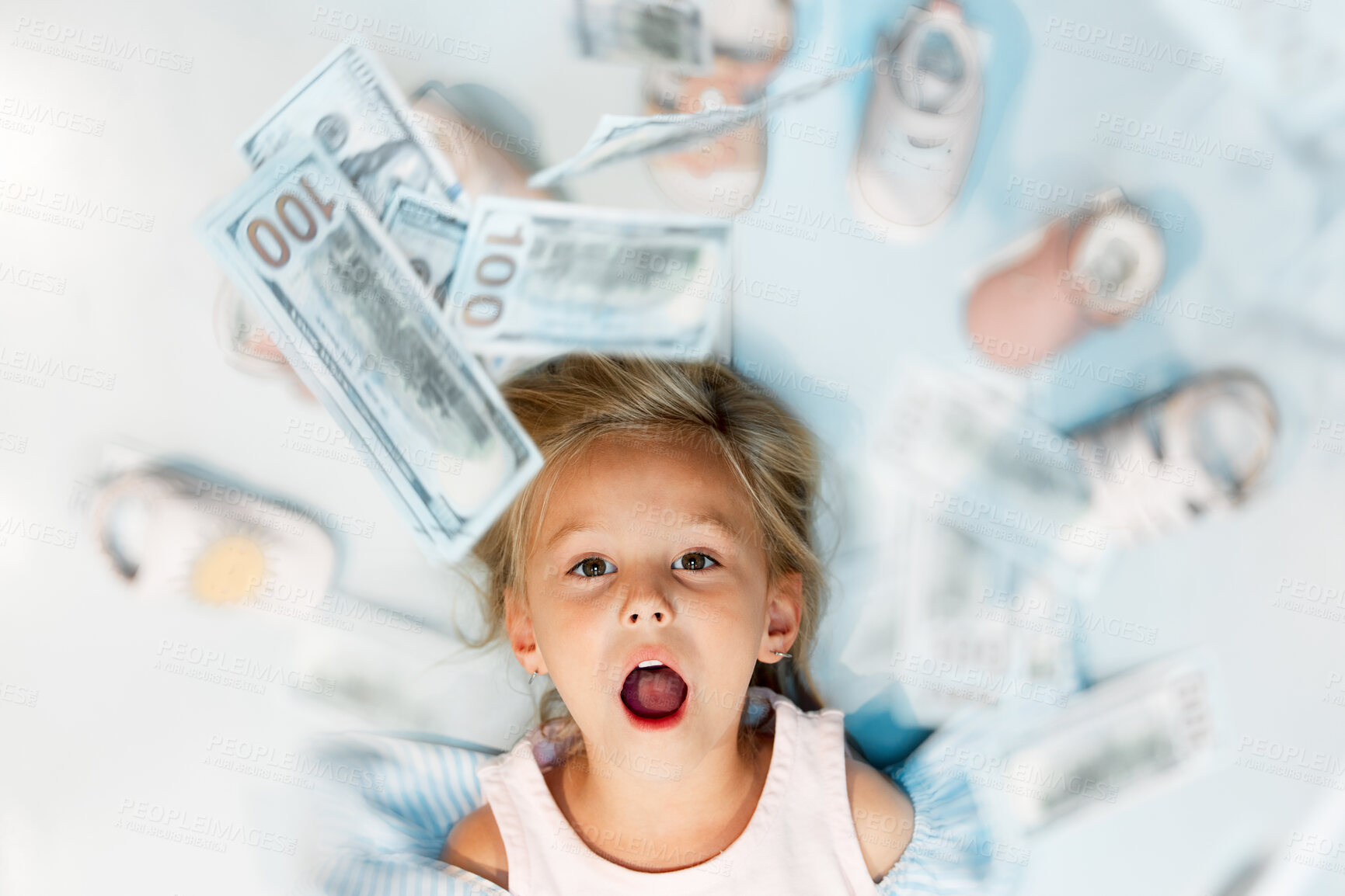 Buy stock photo Child, dollar and shoes above with wow, excited or surprise look on face in mockup for saving, sale or retail shopping. Finance, money and investment for learning, financial and education of girl