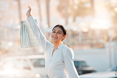 Buy stock photo Shopping bag, customer and retail woman in city bokeh street for fashion, clothes or gift. Celebration of discount, sale and person clothes luxury, wealth or urban lifestyle portrait walking outdoor