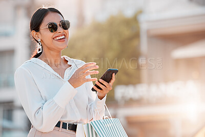 Buy stock photo Fashion, shopping and bag with woman and phone for social media, sale and retail in New york city street. Luxury, customer and gift with girl and 5g for internet, communication or contact with mobile