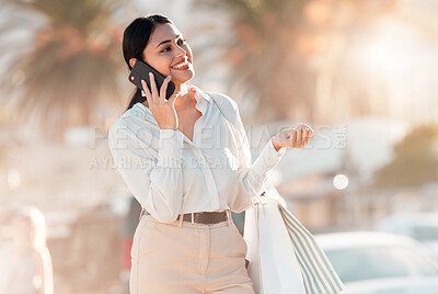 Buy stock photo Woman, phone and smile for call while shopping on street in city for discount, luxury and sale. Girl, smartphone and happiness on face with fashion, retail and happy in summer in Los Angeles with bag