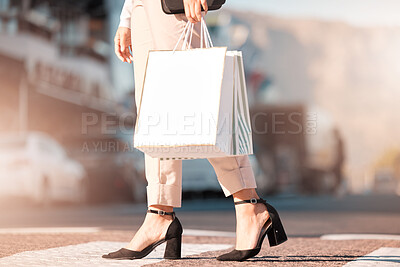 Buy stock photo Fashion, shopping and woman with bag in the city walking in the street. Retail, shop and shopping bags in female hand crossing road from store, mall and market. Mockup for sale, customer and discount