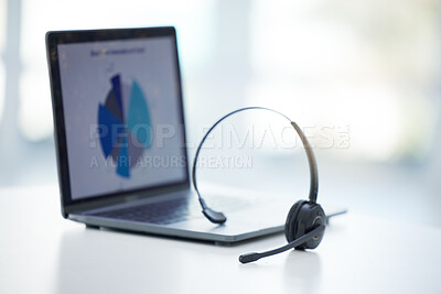 Buy stock photo Empty call center, laptop and sales headset for telemarketing, crm data research and tech innovation in receptionist office. Background zoom, online customer service support and analytics consulting