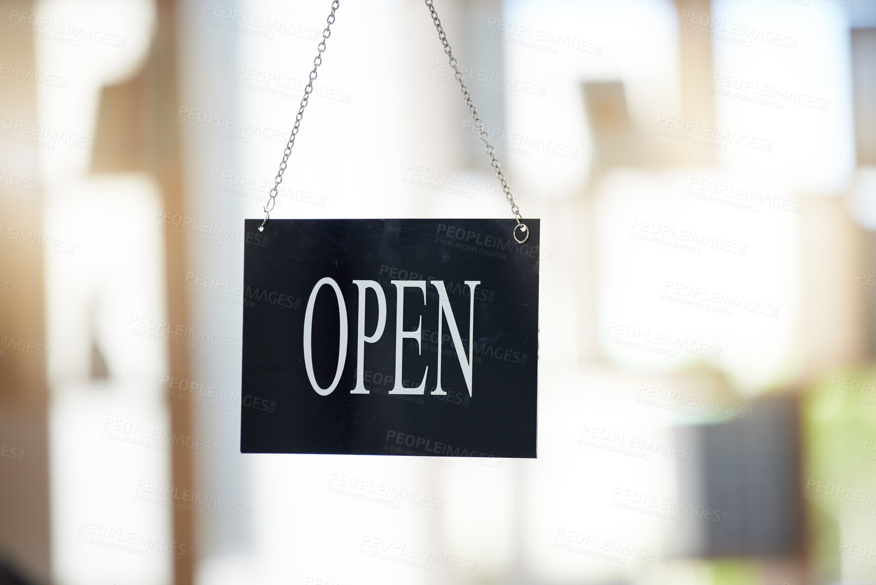 Buy stock photo Small business, cafe and advertising with open sign for marketing, board or start of opening hours. Welcome, entrance and door of startup shop, restaurant or store in window of retail coffee shop