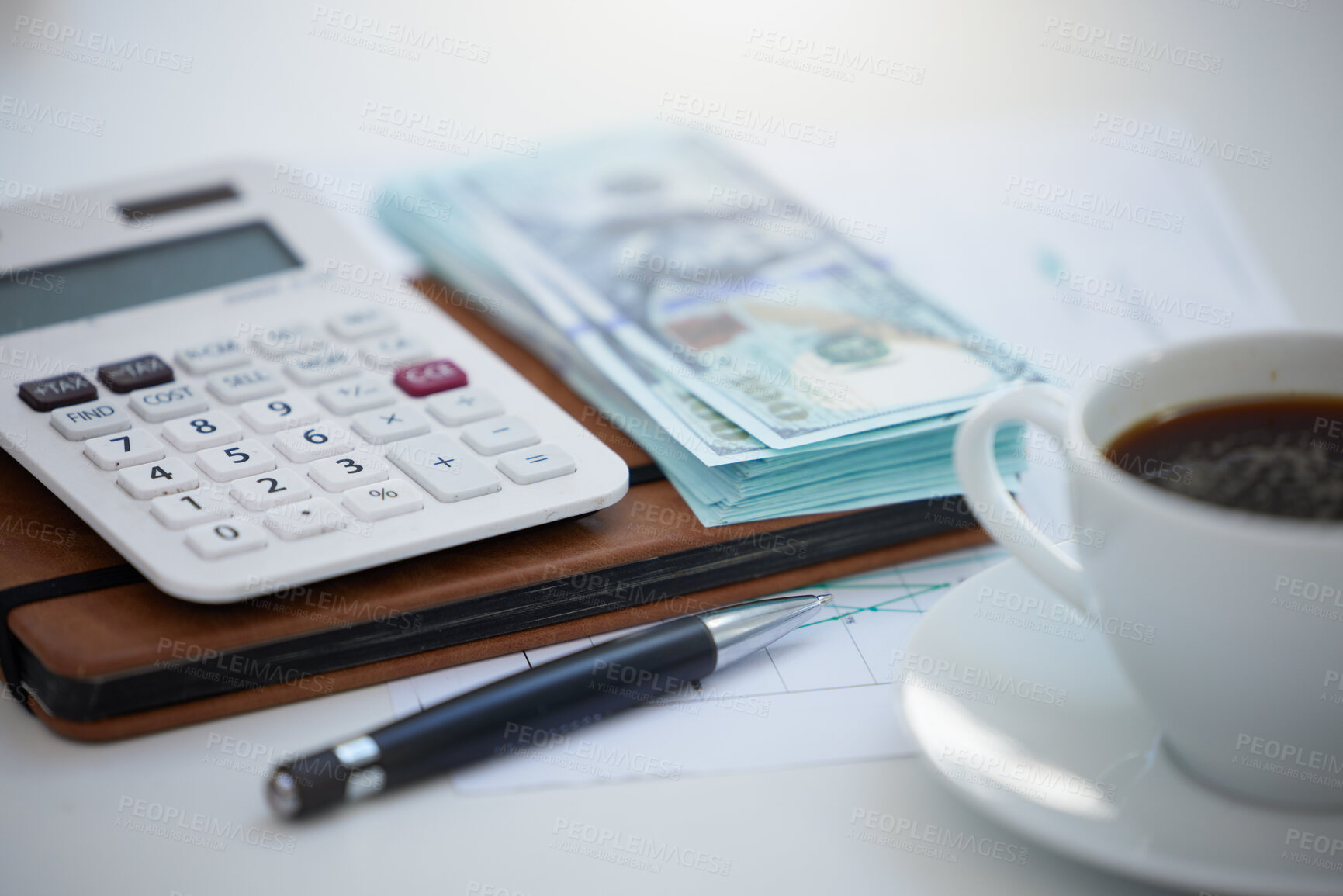 Buy stock photo Zoom of finance, money or calculator with cash on an accounting desk in an accountant office. Wealth, savings and investment with dollar notes on a table for growth, inflation or stock in the economy