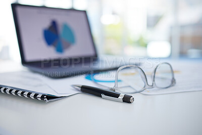 Buy stock photo Office, empty and desk with laptop graph for business analytics in corporate company side. Professional workspace table with online ui data screen for enterprise management and development.

