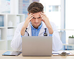 Stress, anxiety or burnout for doctor with laptop working on medicine, medical or healthcare research. Headache, head pain or migraine for hospital employee, worker or career expert with digital tech