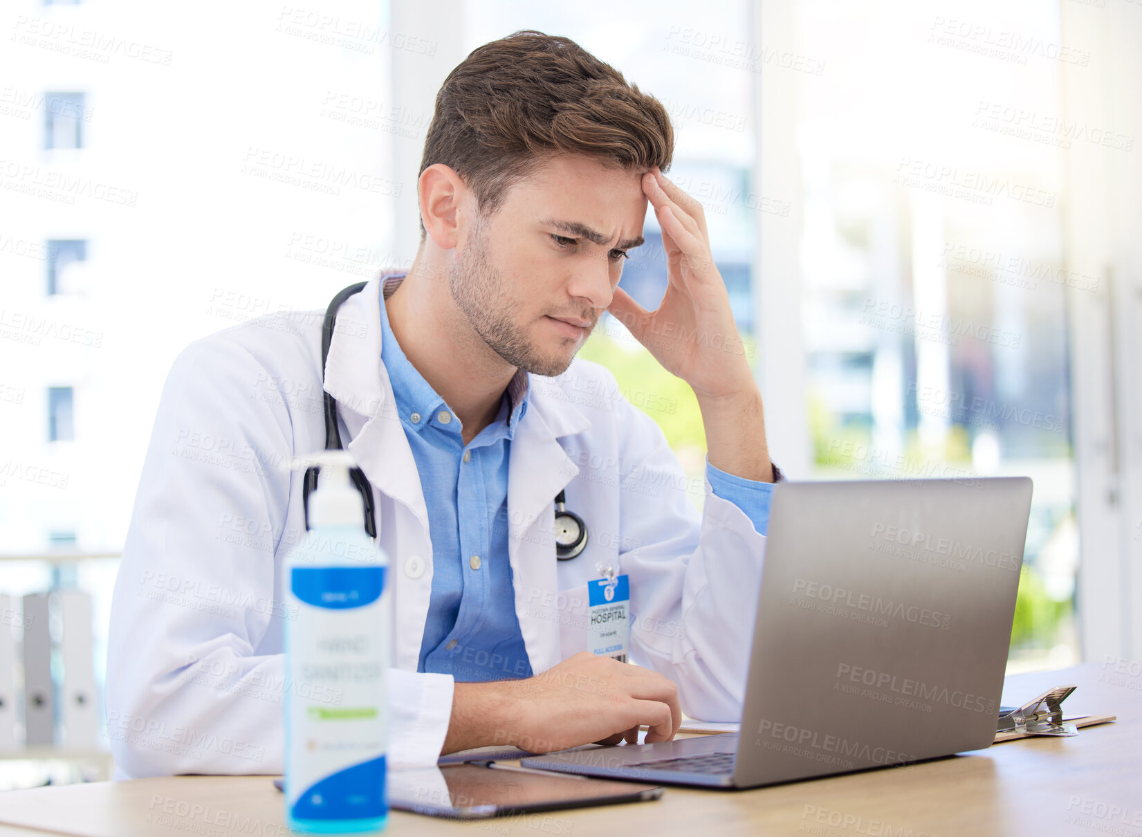 Buy stock photo Headache pain, doctor stress and laptop with burnout from hospital work, sad about mental health problem and anxiety working in healthcare. Tired medical expert with depression and mistake at clinic