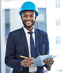 Happy architect, black engineer or businessman for construction writing notes, planning or management goal with smile. Contractor portrait, manager or logistics working on project management design