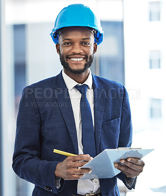 Buy stock photo Happy architect, black businessman or engineer for construction writing notes, planning or management goal with smile. Contractor portrait, manager or logistics working on project management design