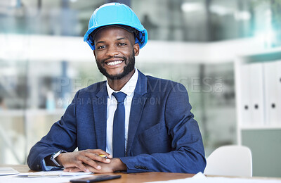 Buy stock photo Engineer, architect or construction businessman portrait with helmet, safety gear for office building planning. Trust, expert and black man manager or contractor with company project development