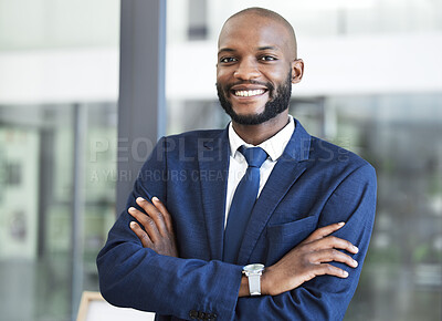 Buy stock photo Leadership, management and arms crossed with businessman in office for executive, success and vision. Smile, innovation and goals with professional black man employee working in corporate company 