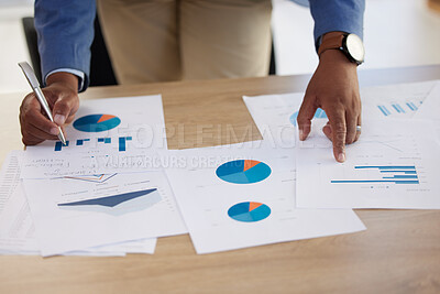 Buy stock photo Businessman hands, paperwork graphs and planning annual report, data analyst research and office budget. Closeup chart documents, strategy and analytics progress, financial economy and stats review