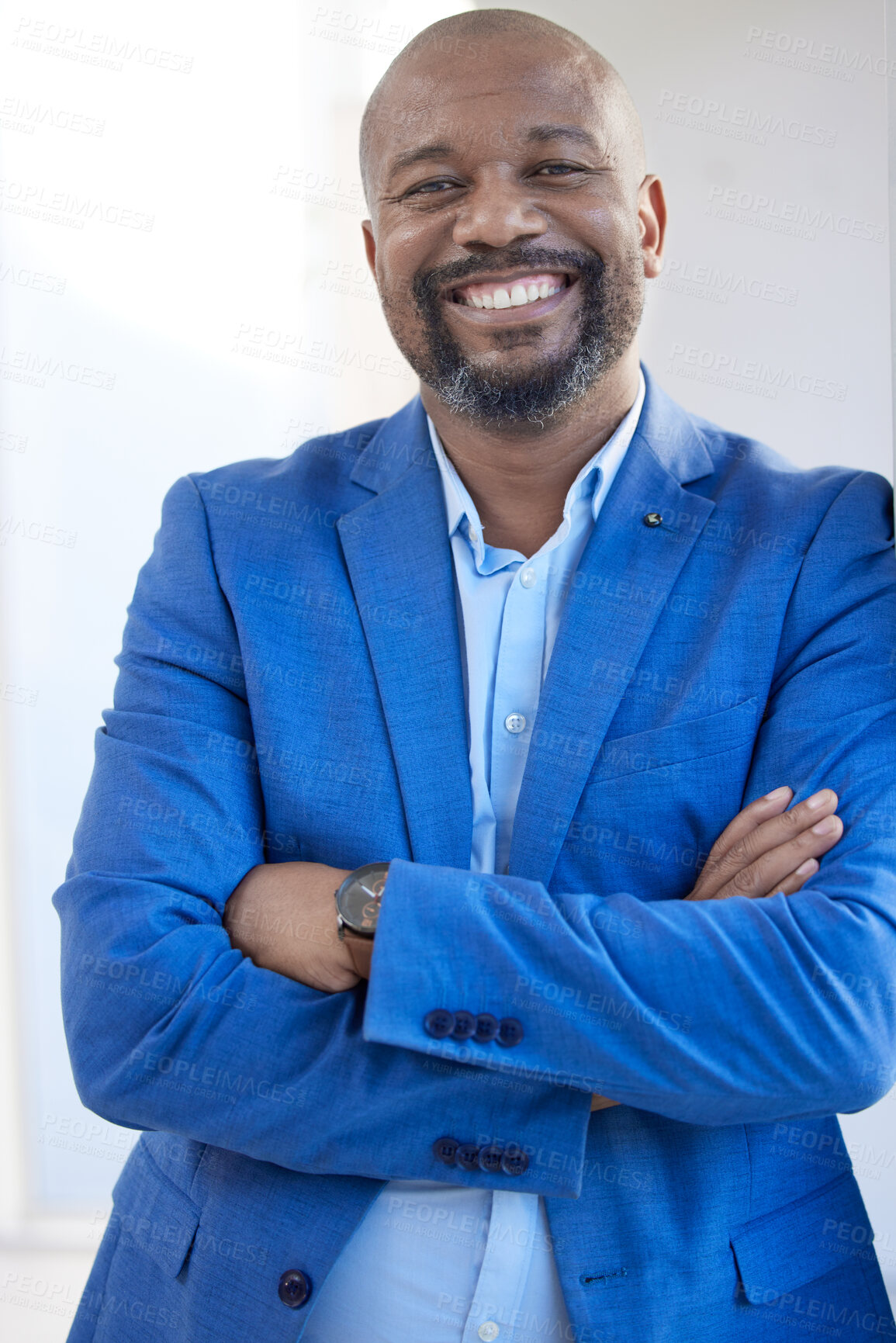 Buy stock photo Business ceo, black man leadership and portrait in blue suit, corporate company and happy job manager in Jamaica. Smile african entrepreneur, mature startup boss and professional executive management