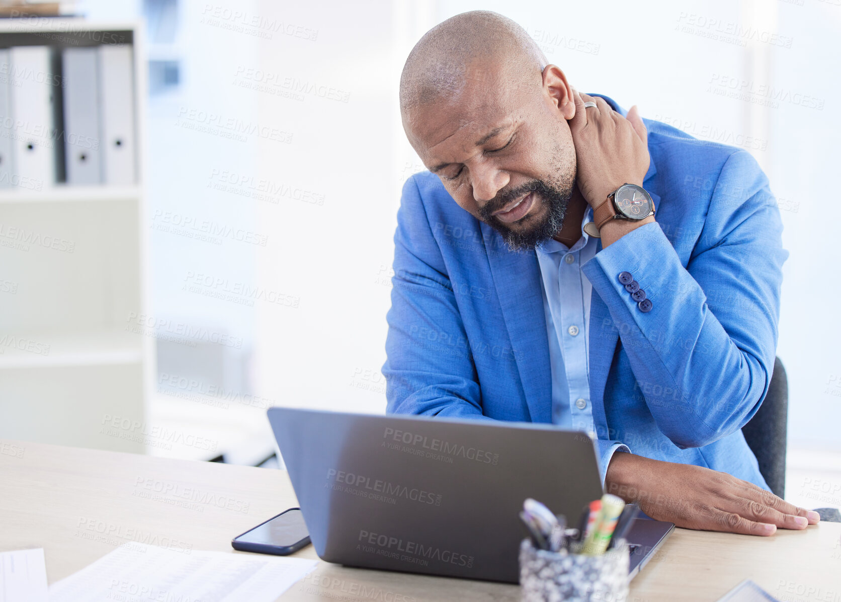 Buy stock photo Burnout, stress or man with neck pain working on laptop with headache, depression or mental health in office. Frustrated, sad or tech employee or businessman with anxiety from audit, 404 or pc glitch