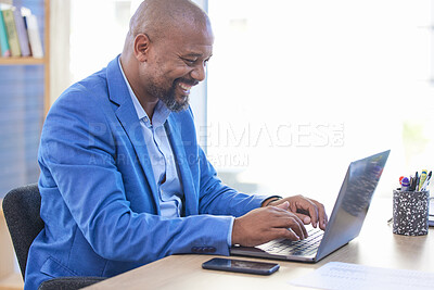 Buy stock photo Business man, laptop and smile while typing communication, email or social media post at work. Black man, happy and computer for online research, office and writing to client, employee or customer