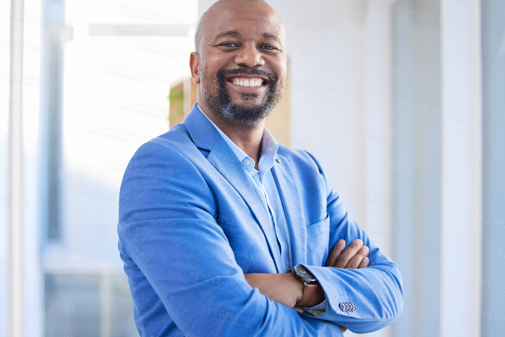 Buy stock photo Happy, success and portrait of black man startup ceo, proud, confident and leader African business. Vision, future and businessman in Africa with leadership in corporate company with smile in office