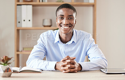 Buy stock photo Lawyer, boss or businessman consultant in office portrait with digital tablet and notebook for company planning in professional career. Corporate black man at his desk happy with administration job