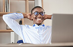 Black man, relax and laptop in office break, social media or web browsing after successful business deal. Leader, ceo or manager in Nigeria resting after writing email or planning finance strategy.
