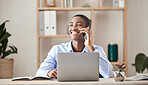 Happy businessman on a phone call while working on a laptop at the desk in his office. Corporate, professional and company manager smile while networking on mobile conversation with 5g technology