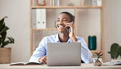 Buy stock photo Happy businessman on a phone call while working on a laptop at the desk in his office. Corporate, professional and company manager smile while networking on mobile conversation with 5g technology