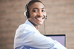 Contact us customer support and black man web help worker on an office internet consultation. Portrait of a happy call center telemarketing consultant employee working on a digital crm consulting