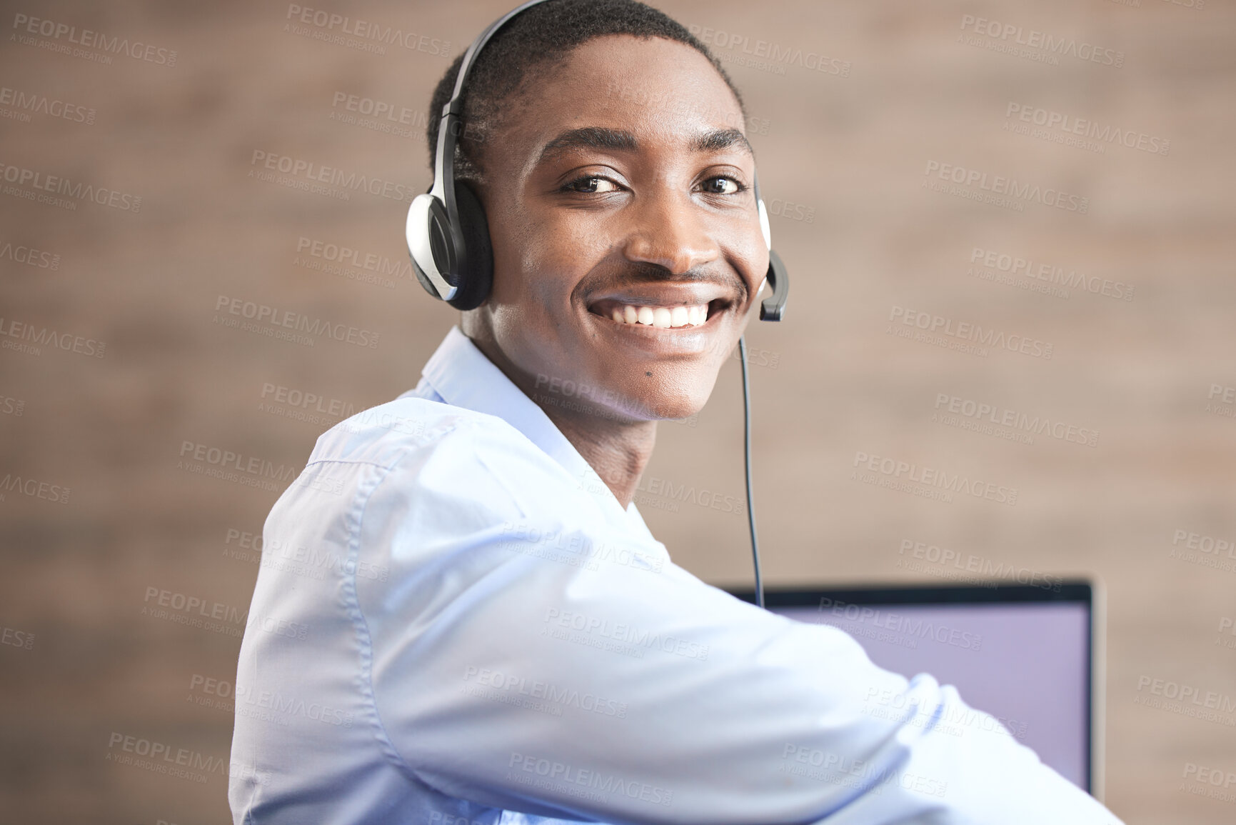 Buy stock photo Contact us customer support and black man web help worker on an office internet consultation. Portrait of a happy call center telemarketing consultant employee working on a digital crm consulting