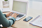 Woman hands, laptop mockup and typing, planning and working receptionist desk in modern office. Closeup keyboard, secretary and business employee email, online research and internet website connect