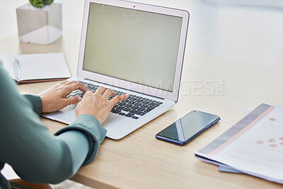 Buy stock photo Woman hands, laptop mockup and typing, planning and working receptionist desk in modern office. Closeup keyboard, secretary and business employee email, online research and internet website connect